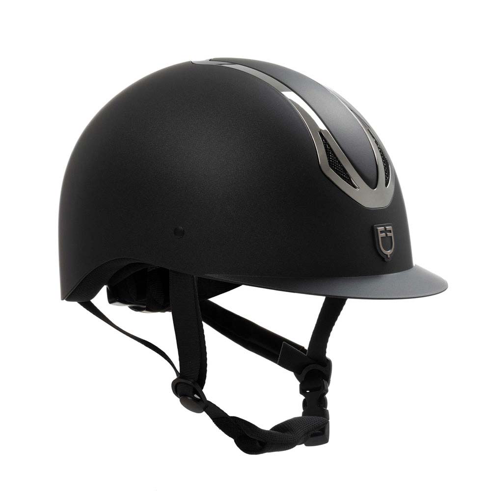 Capacete de equitação preto com detalhes cinzentos e fivela ajustável