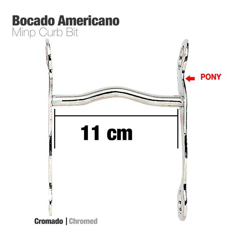 Bocado americano cromado metálico com indicação de largura e texto para PONY