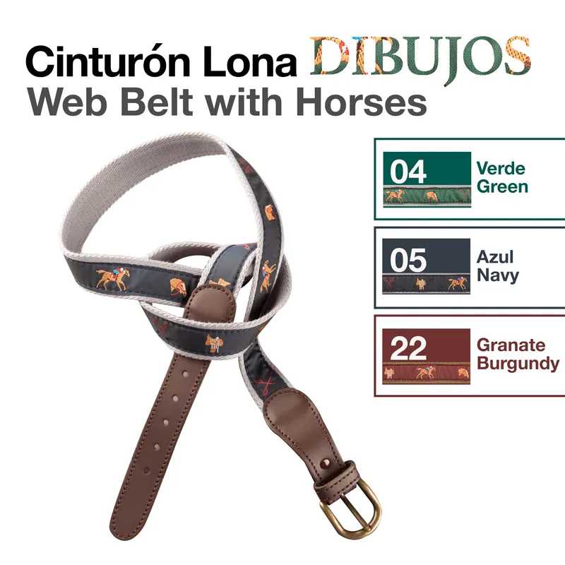 Cinto de lona com desenhos de cavalos e fivela dourada, disponível em três cores