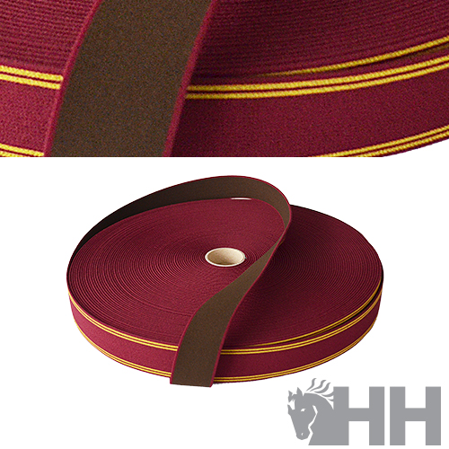 Rolo de fita vermelha com linhas amarelas e lado castanho