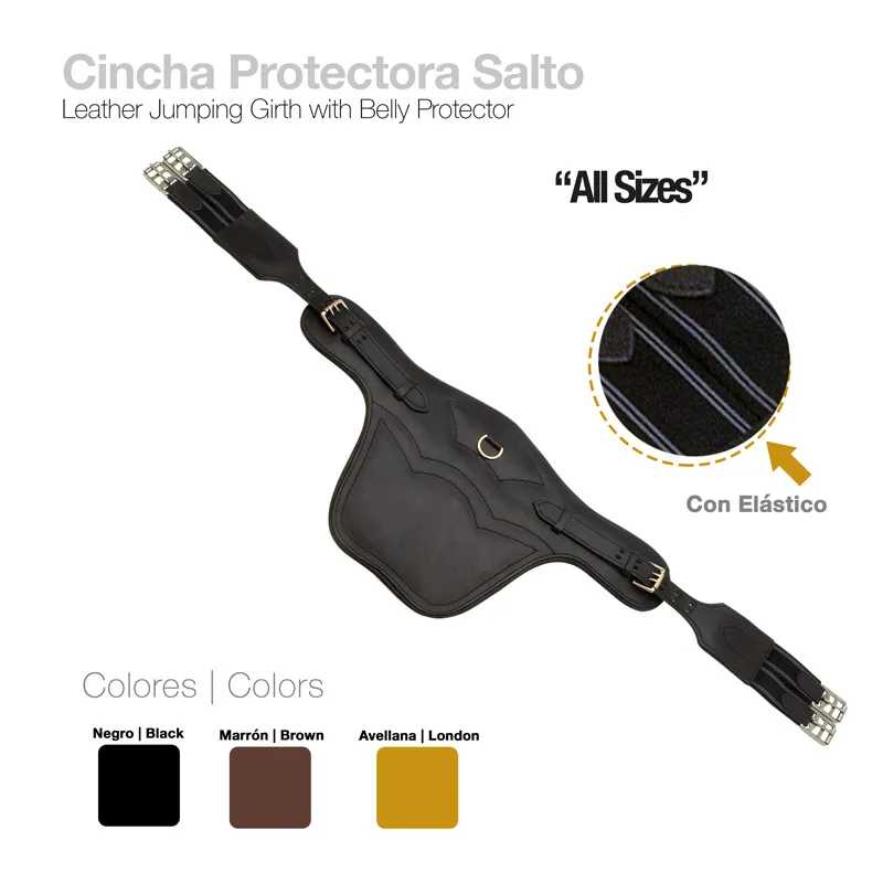 Cincha protectora de couro preto com protetor abdominal e elástico.