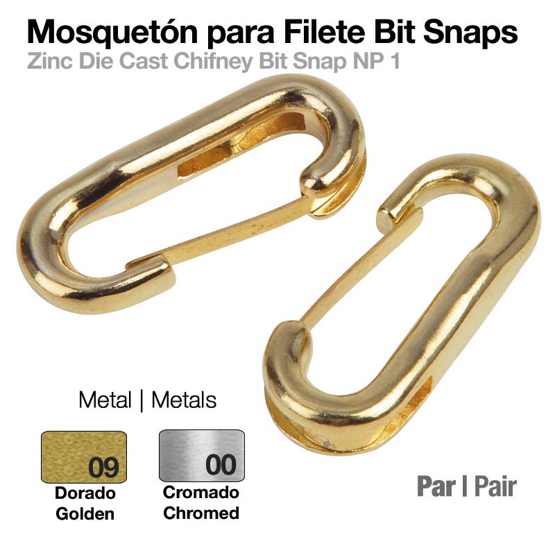 Mosquetões dourados para filete Bit Snaps com texto explicativo