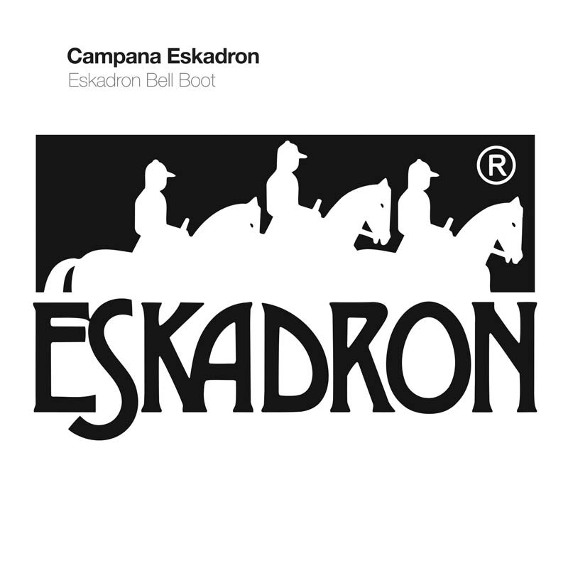 Logotipo preto e branco da marca Eskadron com quatro cavaleiros montados em cavalos e texto ESKADRON.