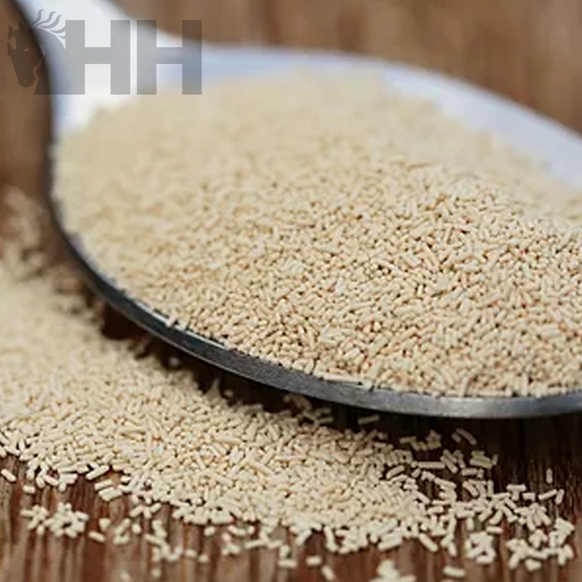 Colher metálica com fermento biológico seco em grânulos bege sobre madeira clara