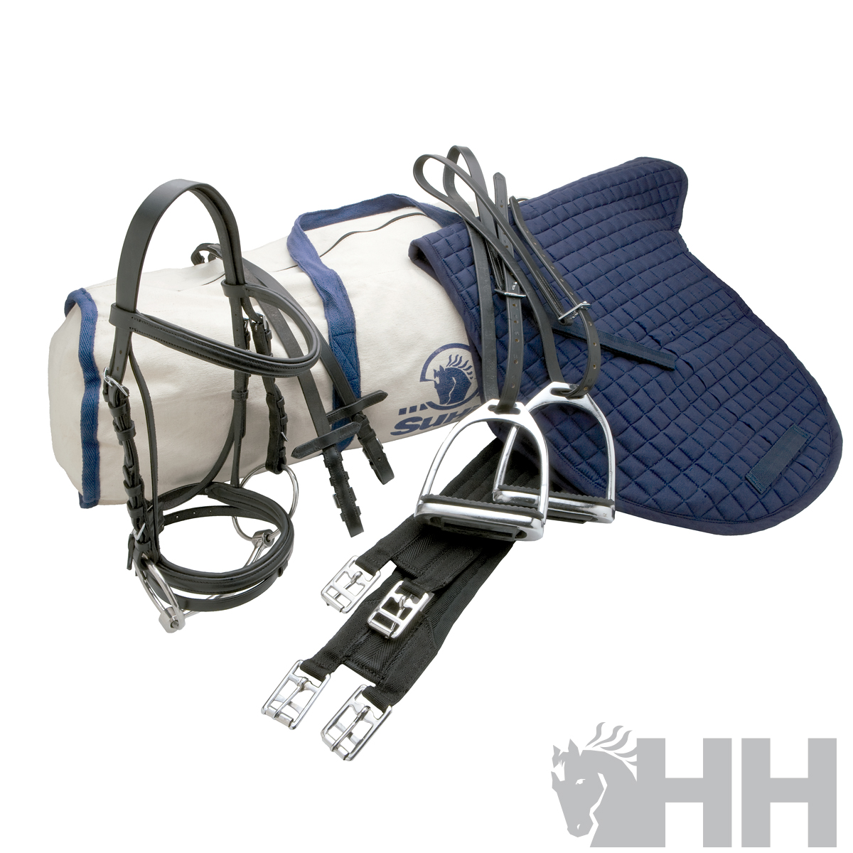 Conjunto de equitação com cabeçada preta, estribos, cinto e manta azul