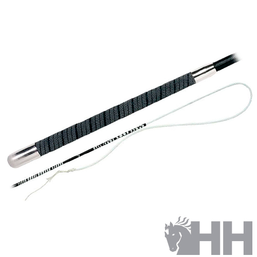 Chicote para equitação preto e branco com detalhes metálicos