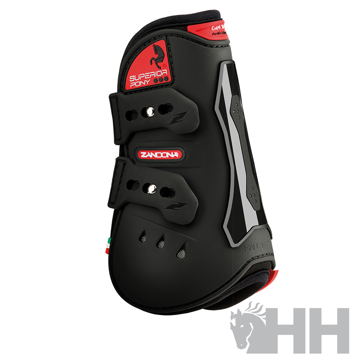 Protector equestre preto com detalhes vermelhos e cinzentos e fivelas ajustáveis