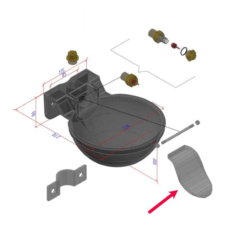 Desenho técnico 3D de peça circular e componentes metálicos com dimensões