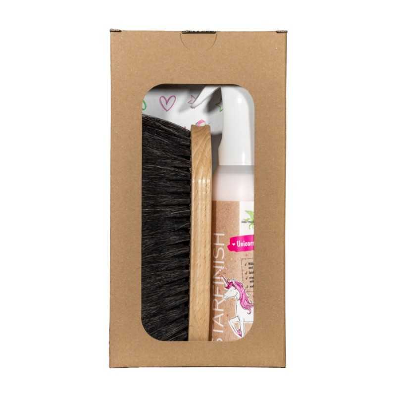 Conjunto de limpeza com escova de madeira e frasco de spray com desenho de unicórnio em embalagem de cartão