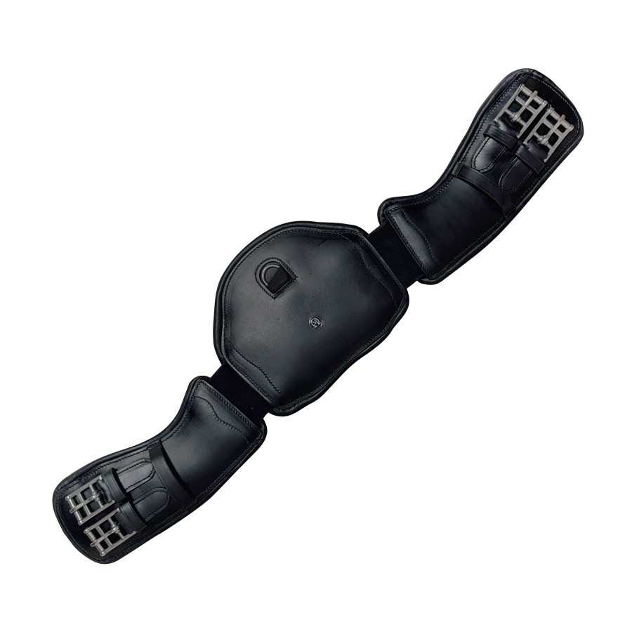 Cincha preta para cavalo com fivelas metálicas e argola central