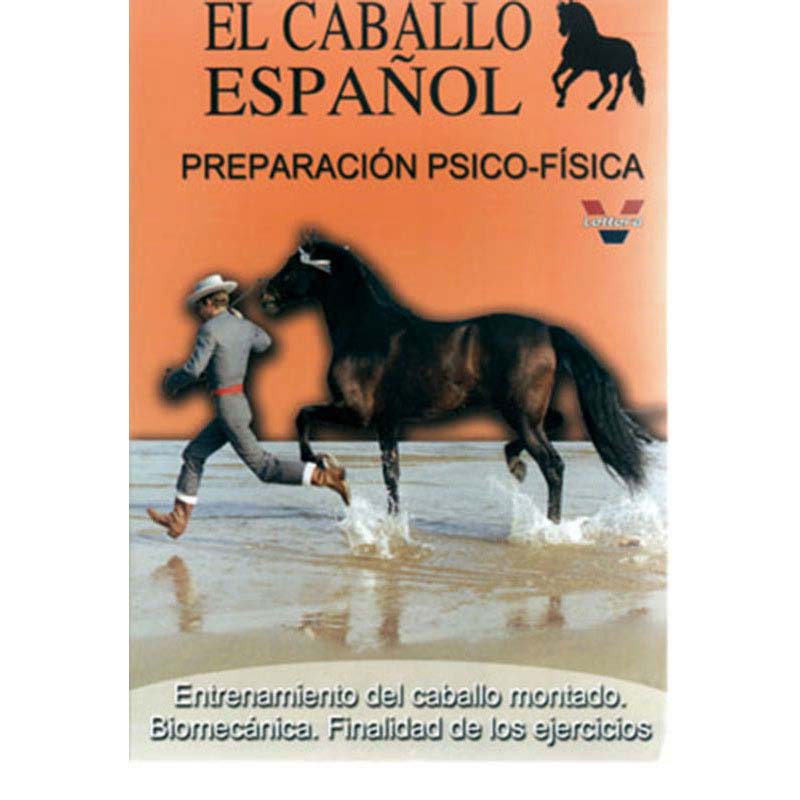 Livro 'El Caballo Español Preparación Psico-Física' com cavalo e homem na praia