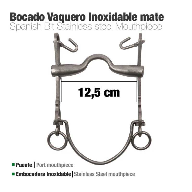 Bocado Vaquero Inoxidable mate em aço inoxidável com medições e texto explicativo