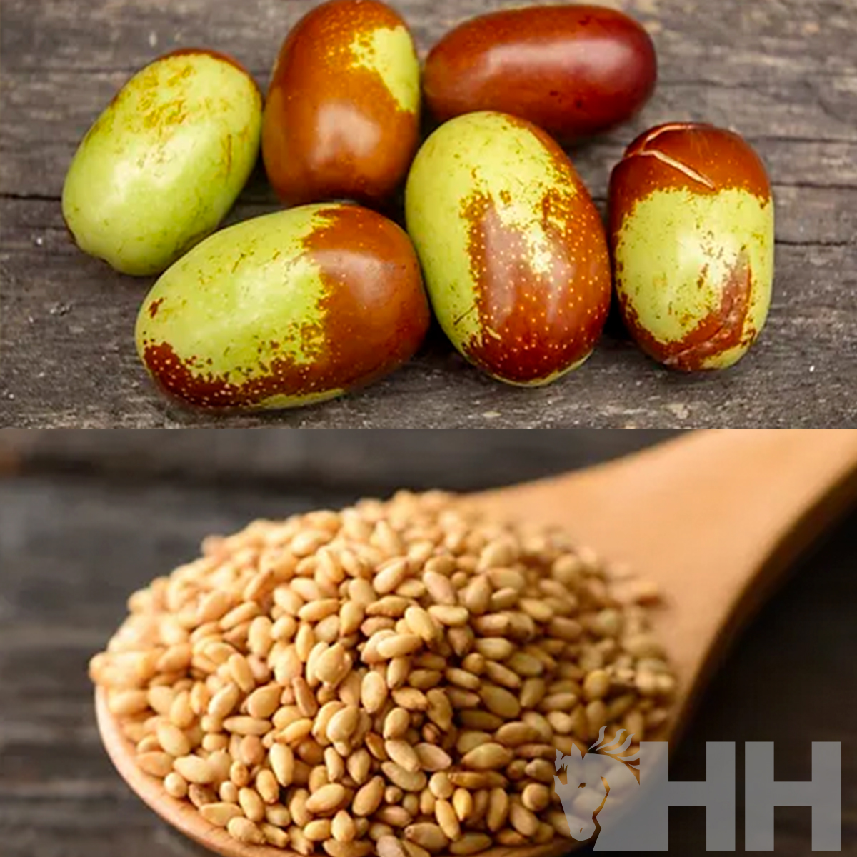 Frutos maduros coloridos e colher de madeira com sementes pequenas.