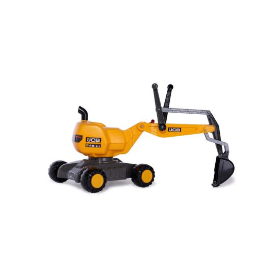 Brinquedo escavadora amarela e preta com texto JCB