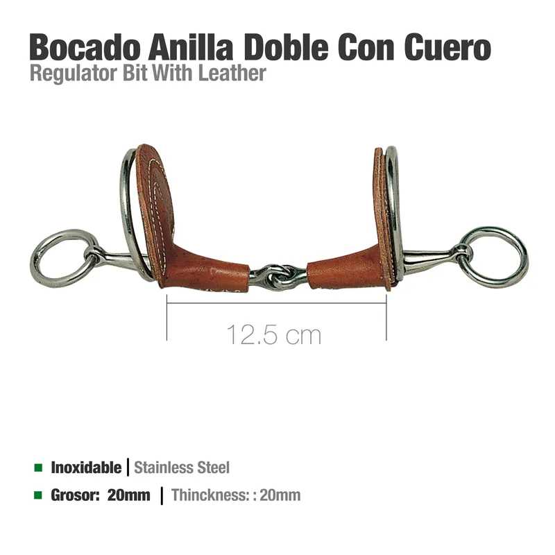 Bocado Anilla Doble Con Cuero em aço inoxidável e couro castanho com medidas e características indicadas
