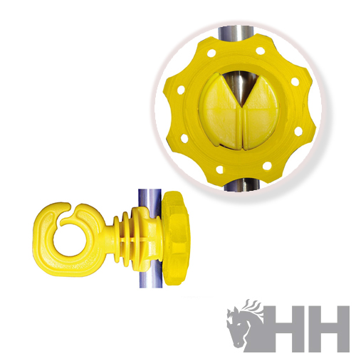 Isolador elétrico amarelo com parafuso de fixação e tubo metálico