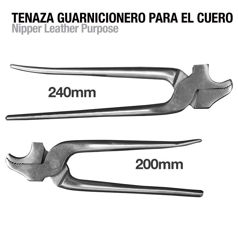 Dois alicates de metal para couro, com medidas 240mm e 200mm, texto em espanhol e inglês