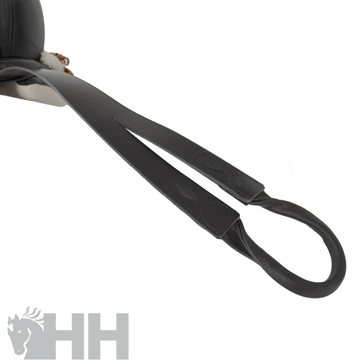 Correia dupla em couro preto para sela com punho em argola