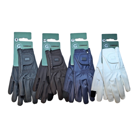 Quatro pares de luvas GIBBINS em cores preto, castanho, azul e branco com etiquetas de tamanhos