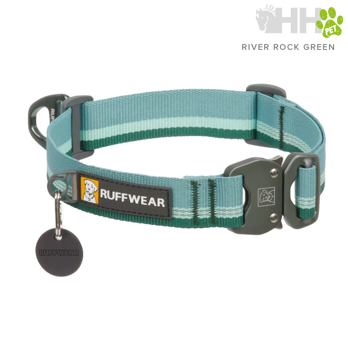 Coleira para cães azul esverdeada com fecho metálico e etiqueta RUFFWEAR