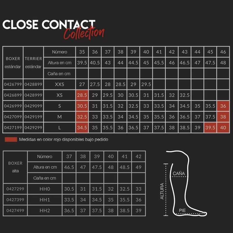Tabela de tamanhos da coleção CLOSE CONTACT para modelos Boxer e Terrier