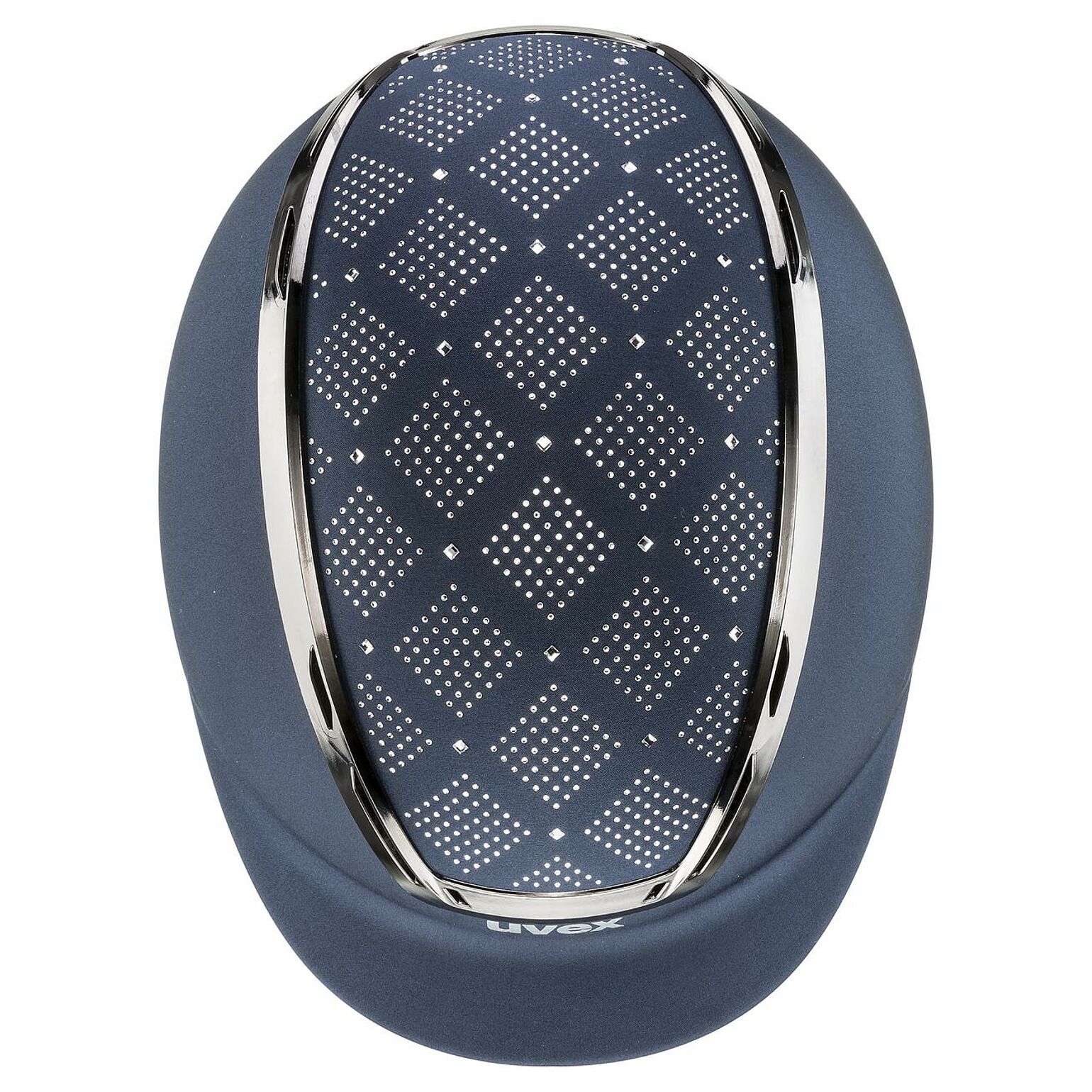 Capacete de equitação azul com padrão quadriculado e acabamento cromado