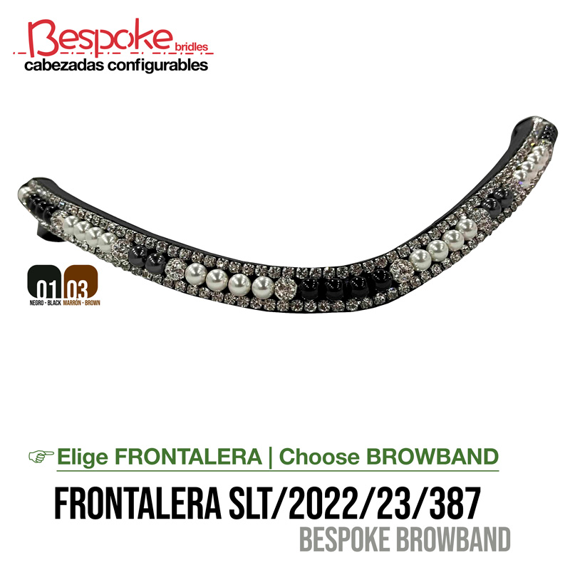 Frontalera para cabresto com pedras pretas, transparentes e pérolas, com textos informativos e marca da Bespoke