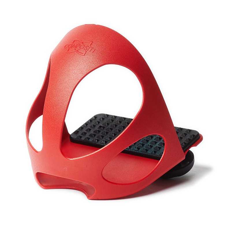 Estribos vermelhos para ski com base preta texturizada.