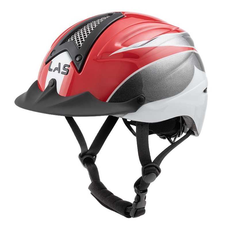 Capacete de ciclismo vermelho com detalhes brancos, cinzentos e pretos e viseira preta