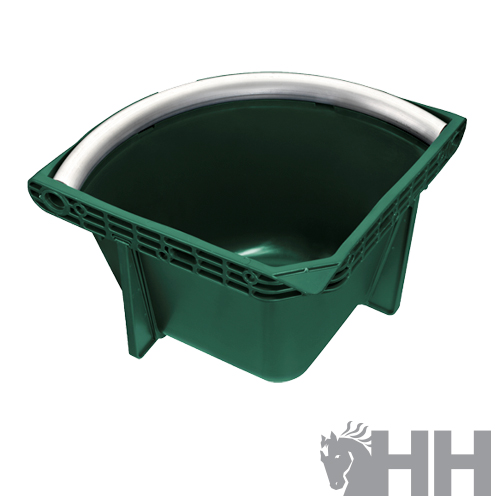 Recipiente verde escuro com borda metálica prateada arredondada para canto