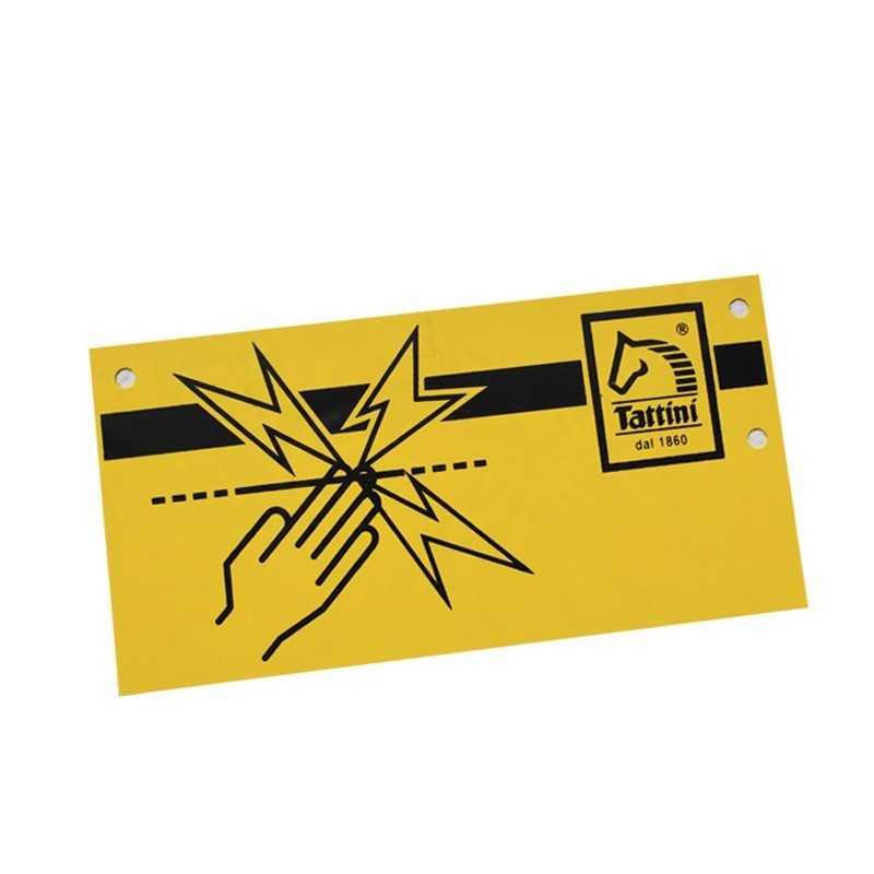 Placa amarela com símbolo de advertência e texto Tattini