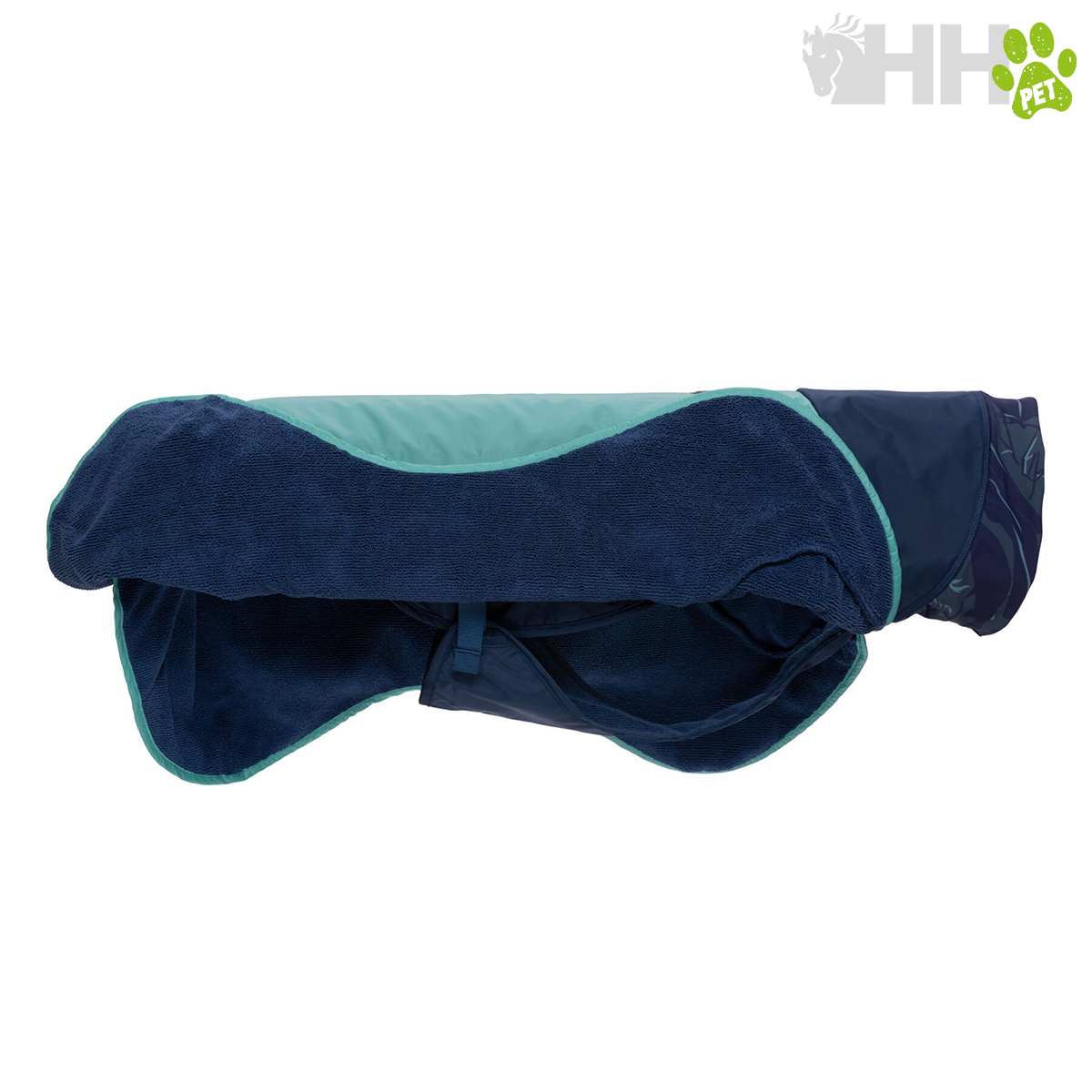 Casaco para cão azul escuro com interior felpudo e detalhes verdes