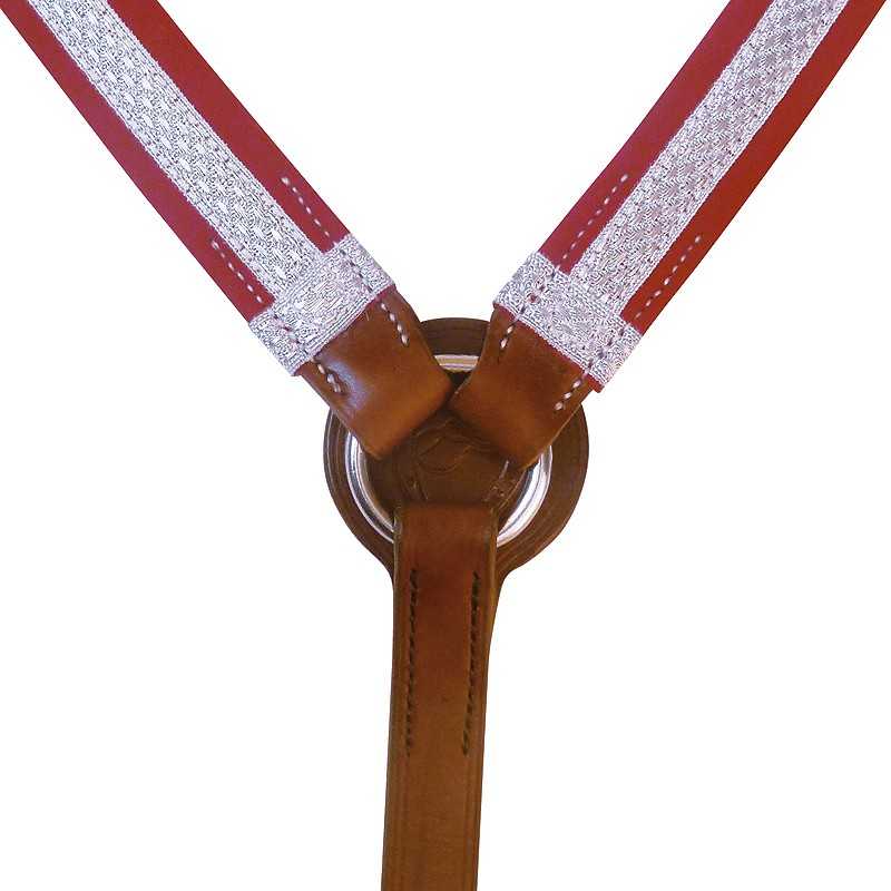 Suspensórios vermelhos com padrão branco e pele castanha