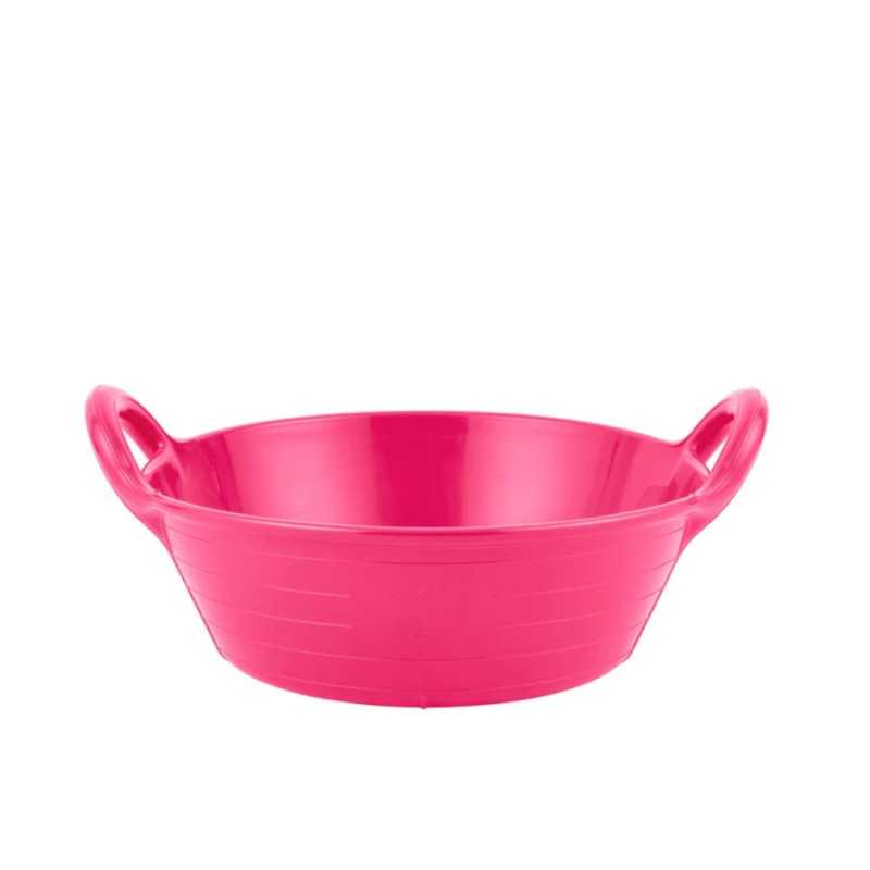 tigela redonda cor-de-rosa com pegas em fundo branco