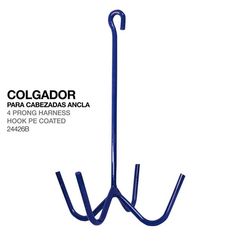 Colgador azul de metal com quatro ganchos e texto em fundo branco