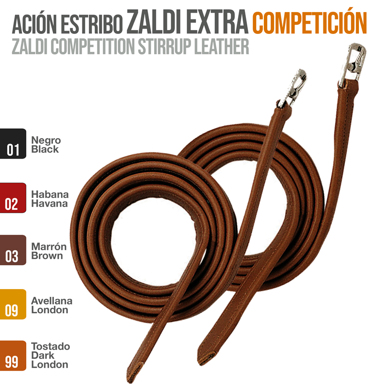 Duas rédeas de couro castanhas com ganchos metálicos, texto com cores e nome Zaldi.