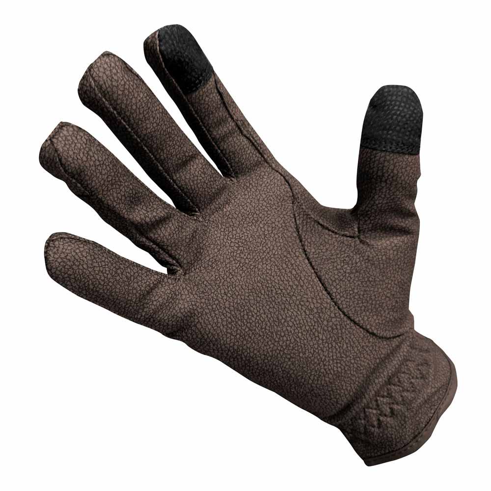 Luva castanha com ponta do polegar preta e textura rugosa