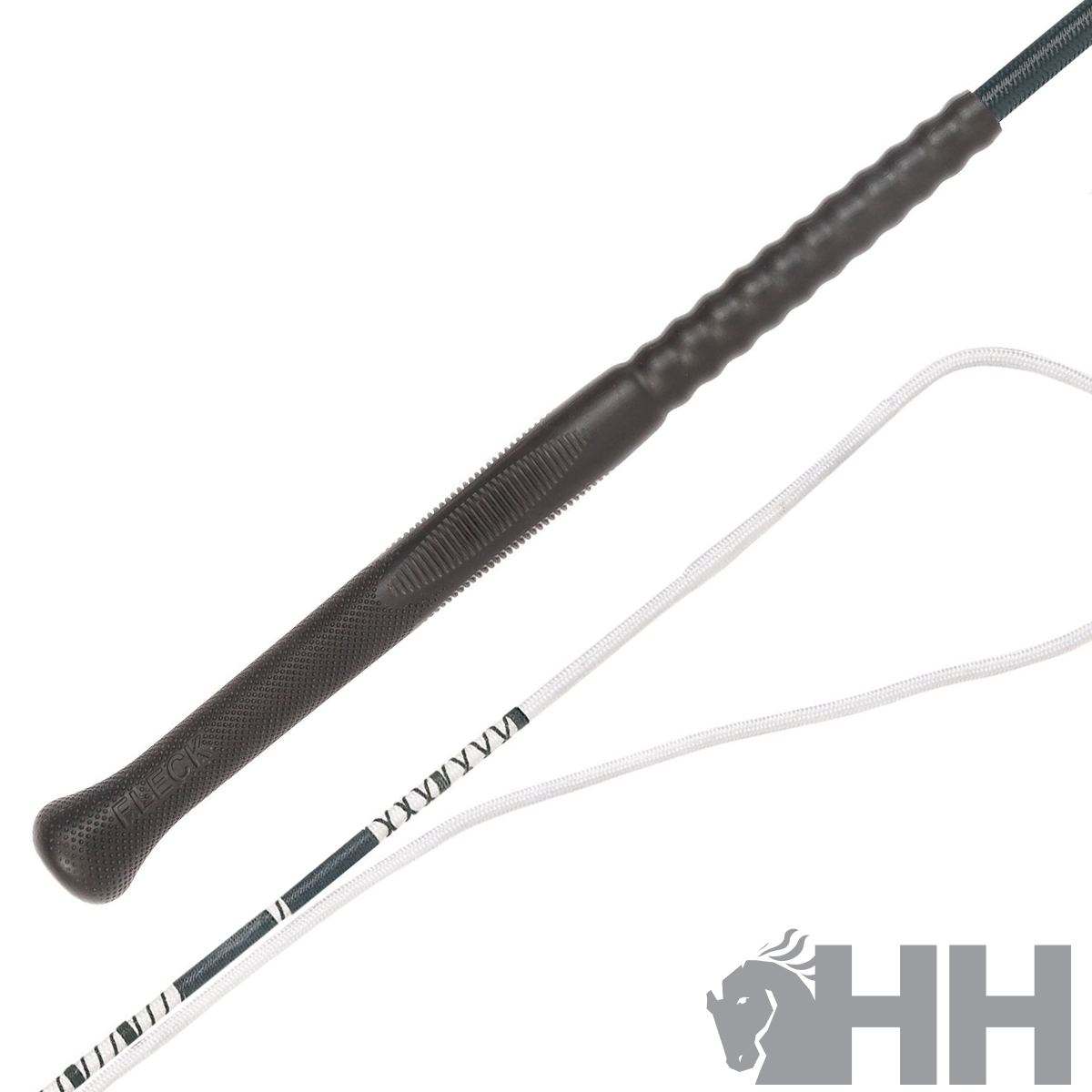 Cabo de chicote preto com pega antiderrapante e parte flexível branca com linhas negras