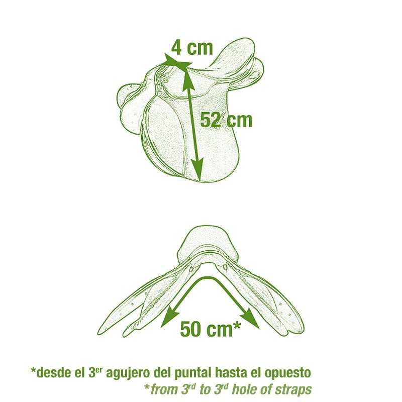 Desenho técnico de sela de equitação com medidas e texto explicativo em espanhol e inglês