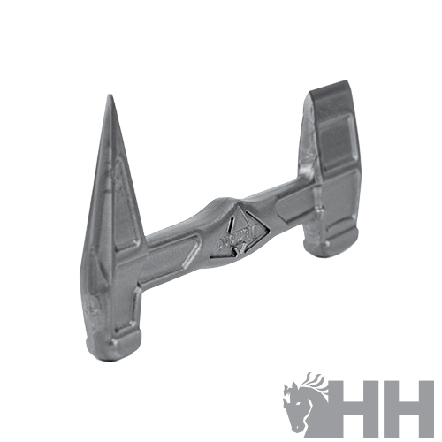 Ferramenta metálica cinzenta com duas pontas afiadas e logótipo HH