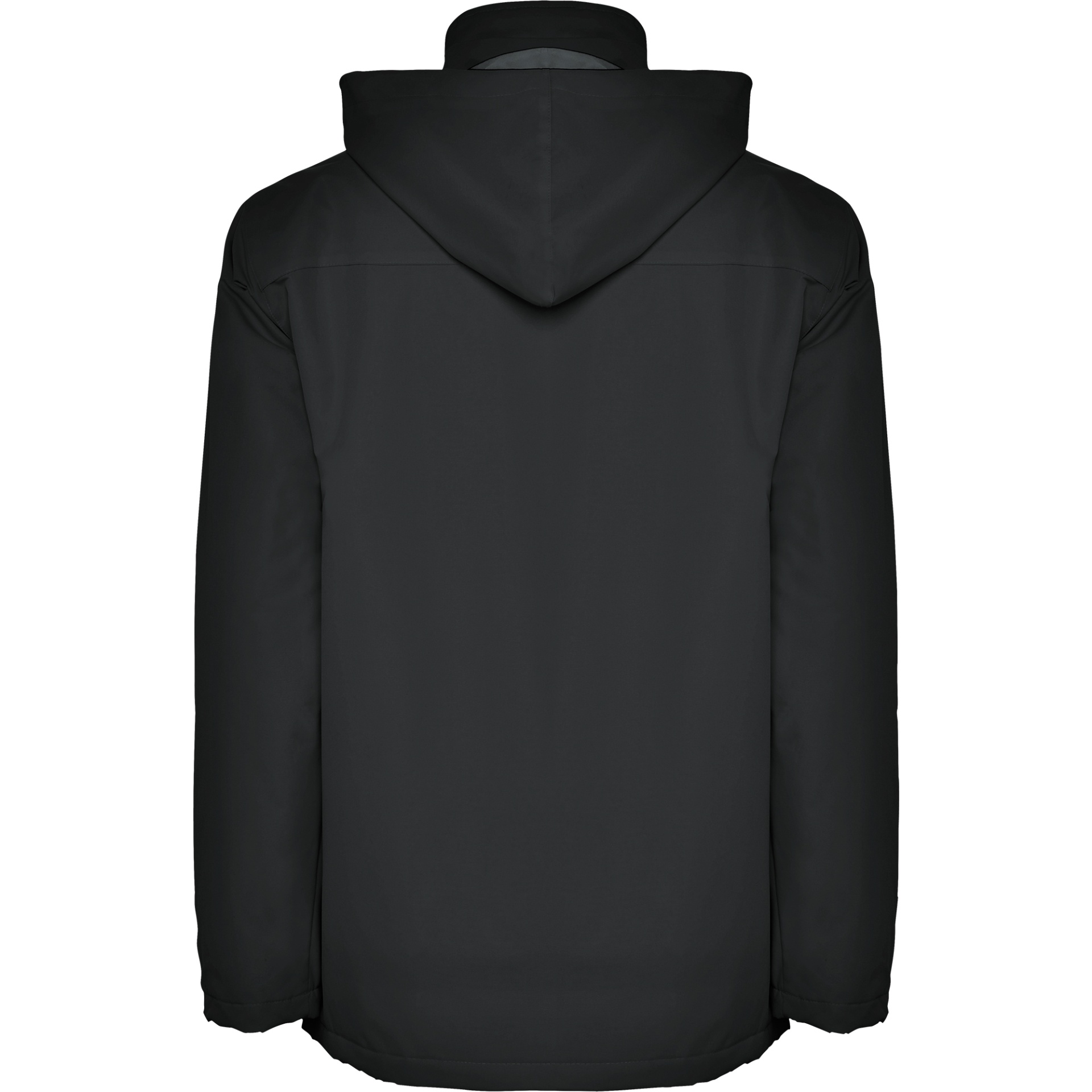 Casaco preto com capuz, visto de costas