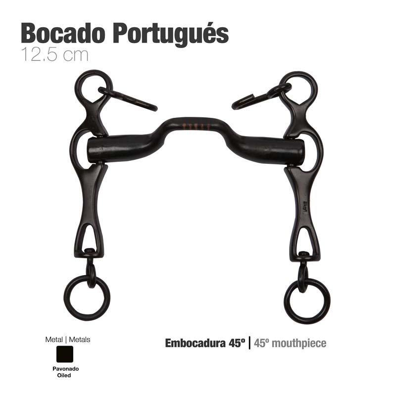 Pezinho de bocado português em metal pavonado oleado com embocadura de 45 graus