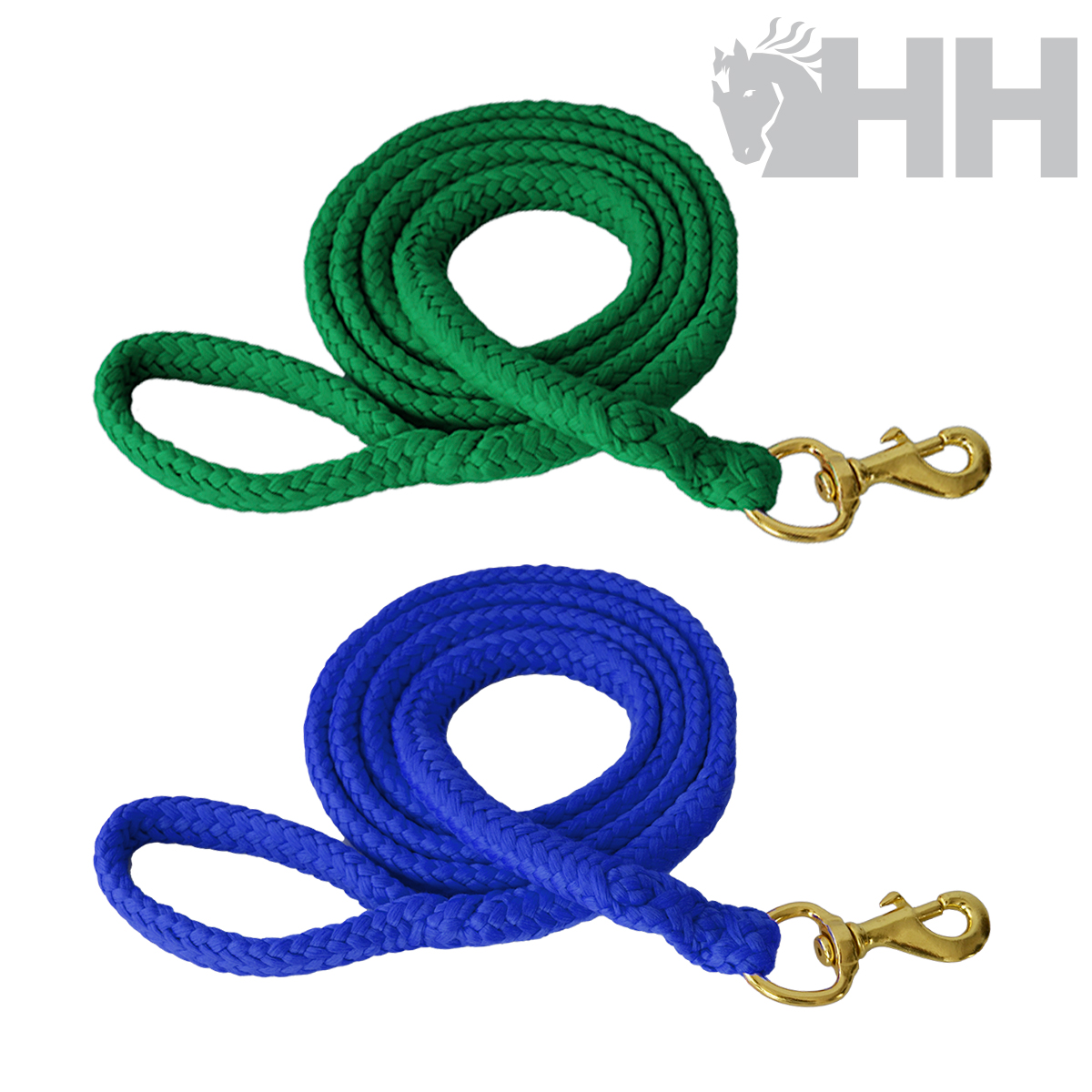 Duas trelas trançadas, verde e azul, com mosquetões dourados, sobre fundo branco com logo cinza HH