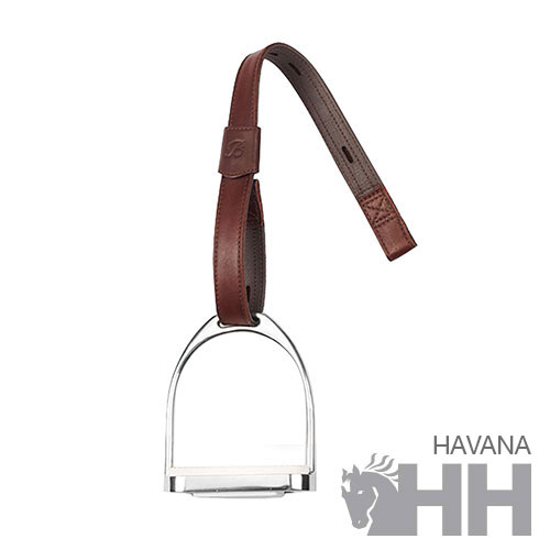 Estribo metálico com correia de pele castanha e logótipo HH Havana
