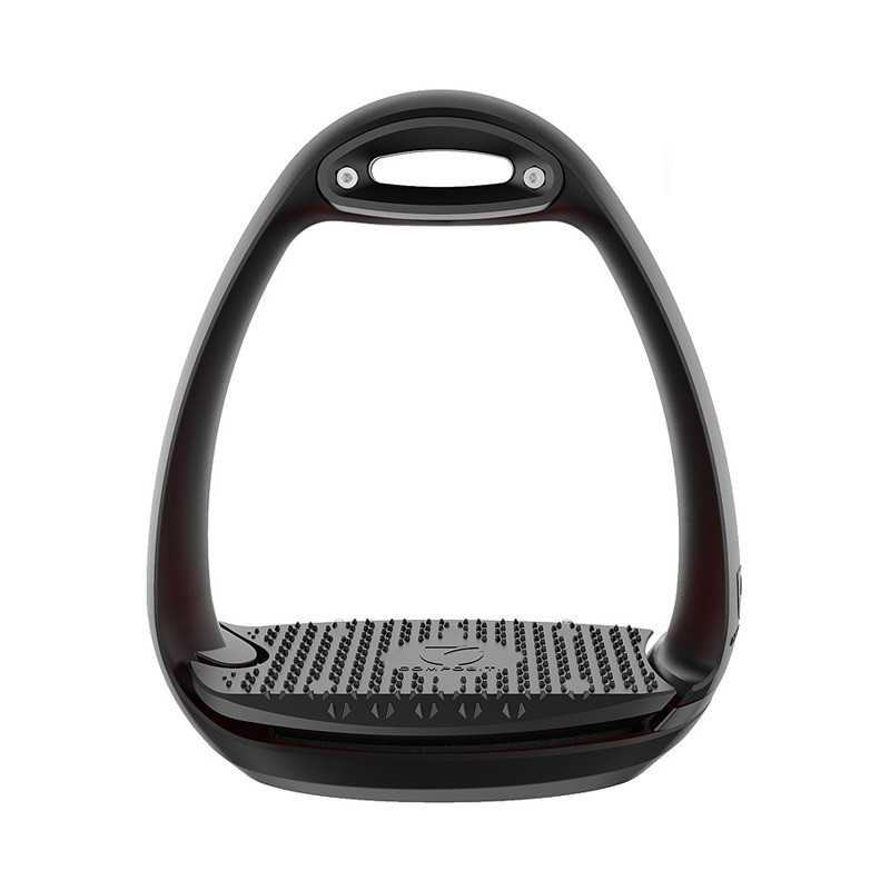 Estribo de equitação preto com base antiderrapante e parafusos visíveis