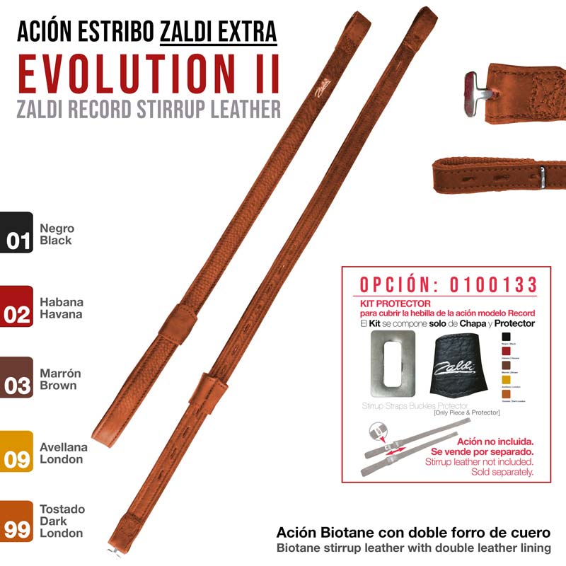 Correias de estribo de couro Zaldi Extra Evolution II em várias cores com kit protetor