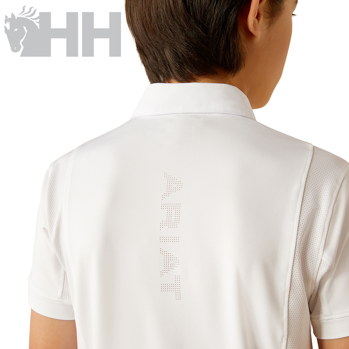 T-shirt polo branca com colarinho e detalhe perfurado 'AHAT' nas costas