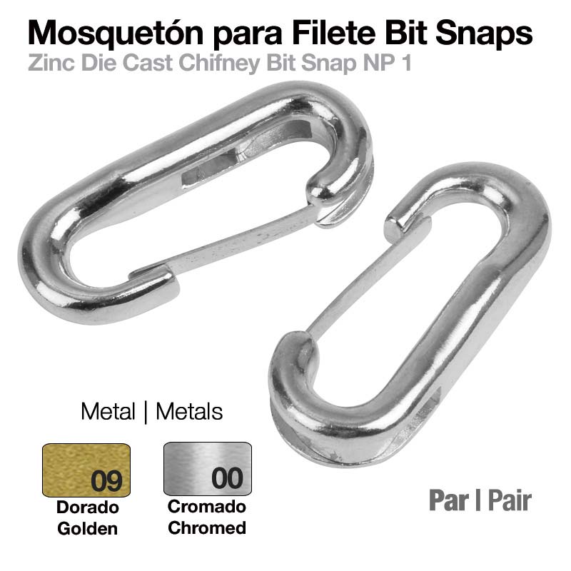 Mosquetões metálicos cromados para filete Bit Snaps, apresentados em par com texto indicativo de cor e quantidade.