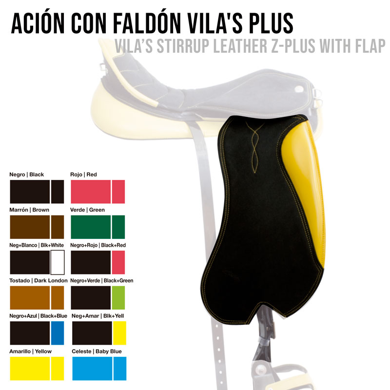 Sela com faldão em couro preto e amarelo com costura decorativa junto a tabela de cores para couro de sela