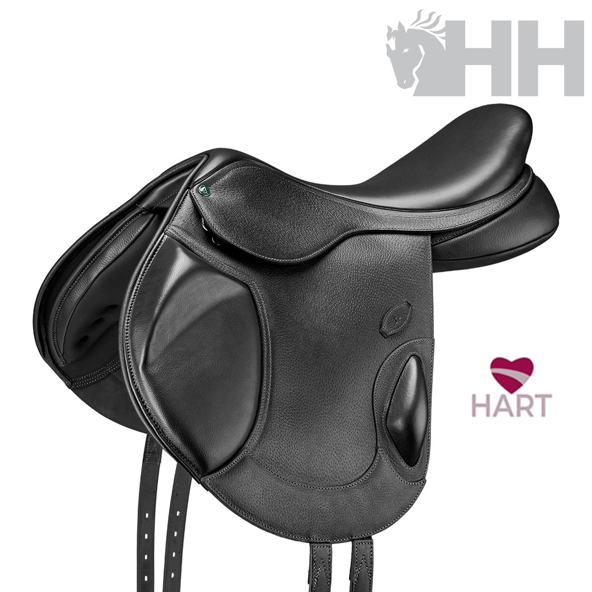 Sela de cavalo preta em couro com logotipos HH e HART